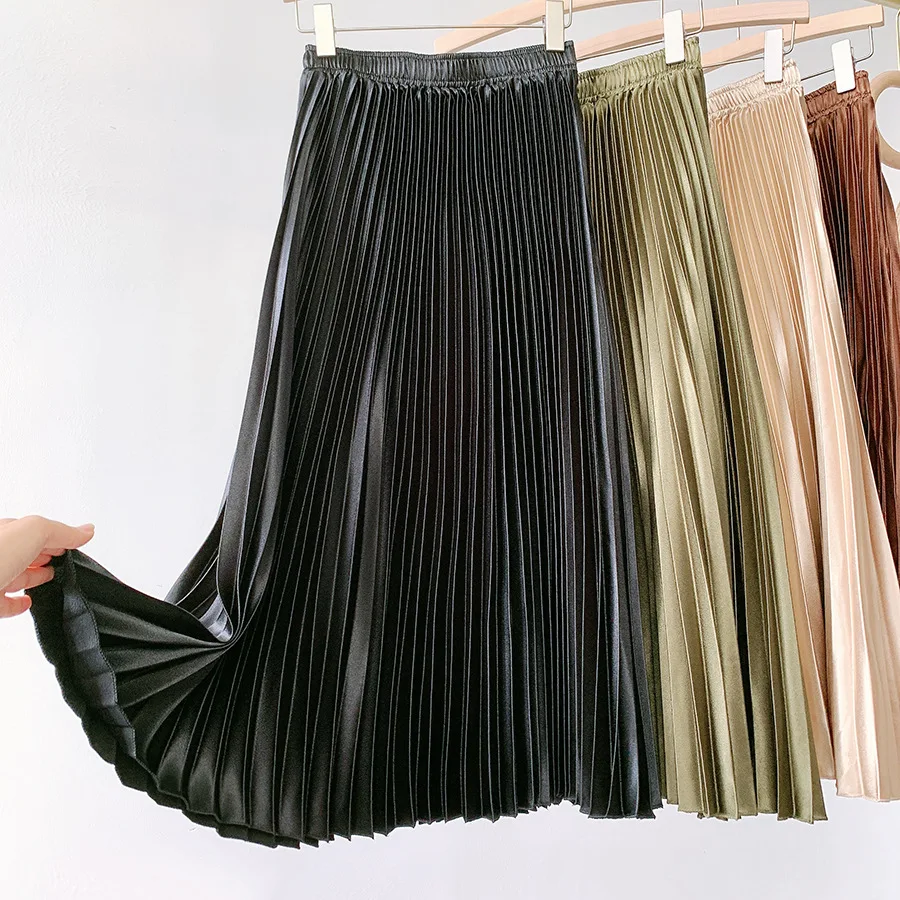 

Metallic pleated skirt high waist satin autumn and winter women's retro mid-length thin A-line skirt