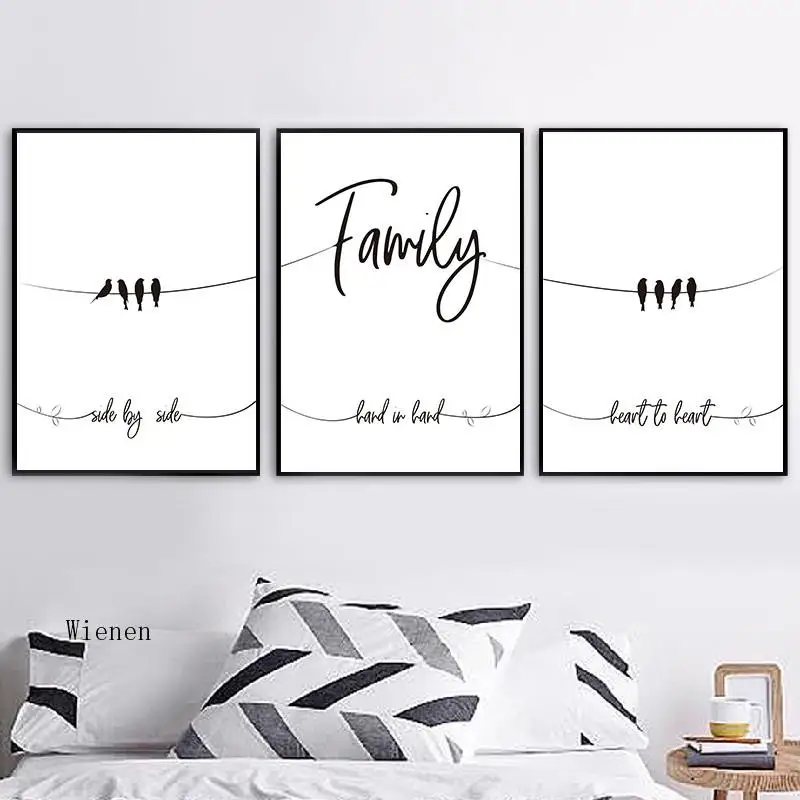 

Family Quote Art Wall Canvas Painting Modern Letters Art Picture Black White Birds Print and Poster for Living Room Home Decor