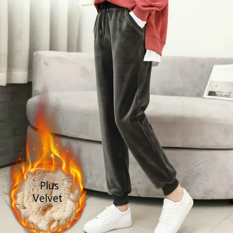 Женские зимние теплые брюки больших размеров 2020 Pleuche вельветовые однотонные с