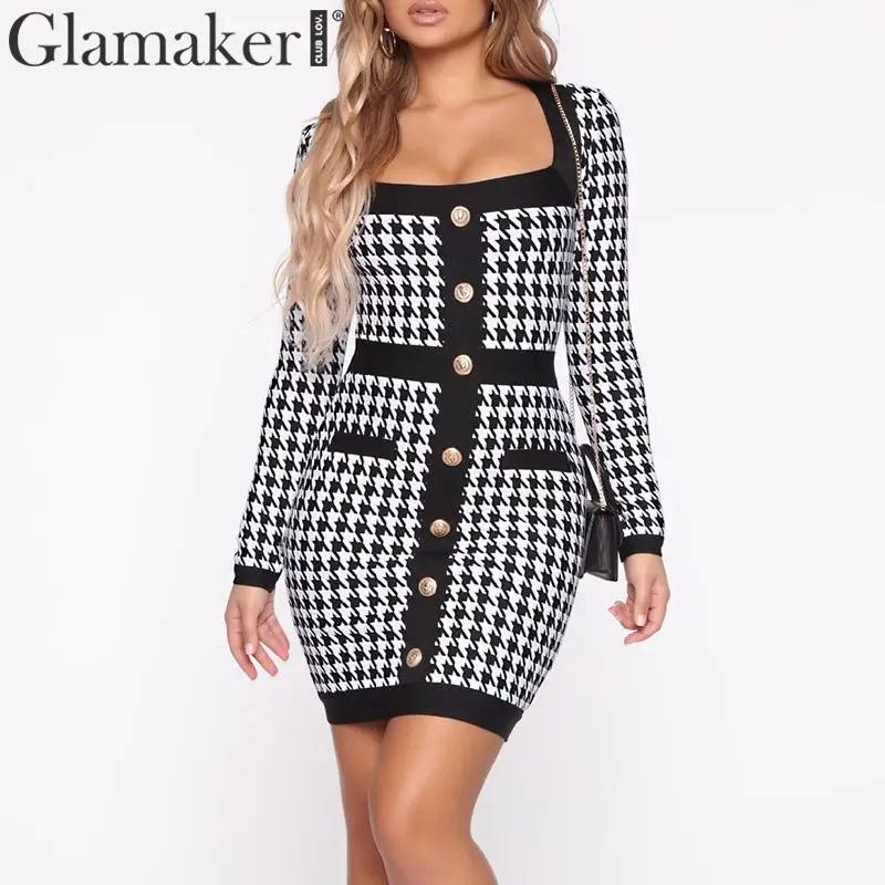 Женское облегающее платье в клетку Glamaker Клубное с длинным рукавом и квадратным