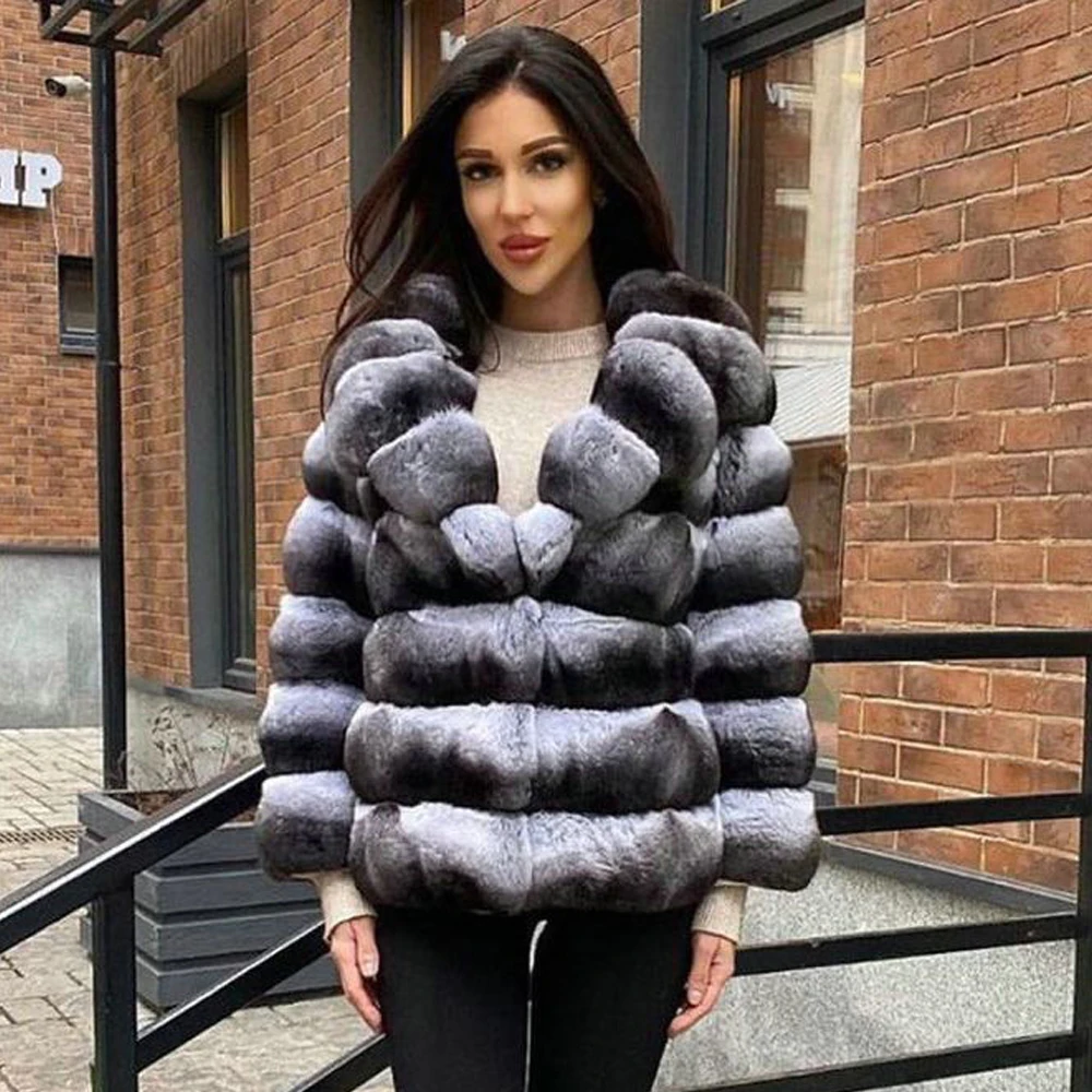 Women Genuine Rex Rabbit Fur Coat Turn-down Collar Natural High Quality Chinchilla Color Real Rex Rabbit Fur Jacket Short Outfit