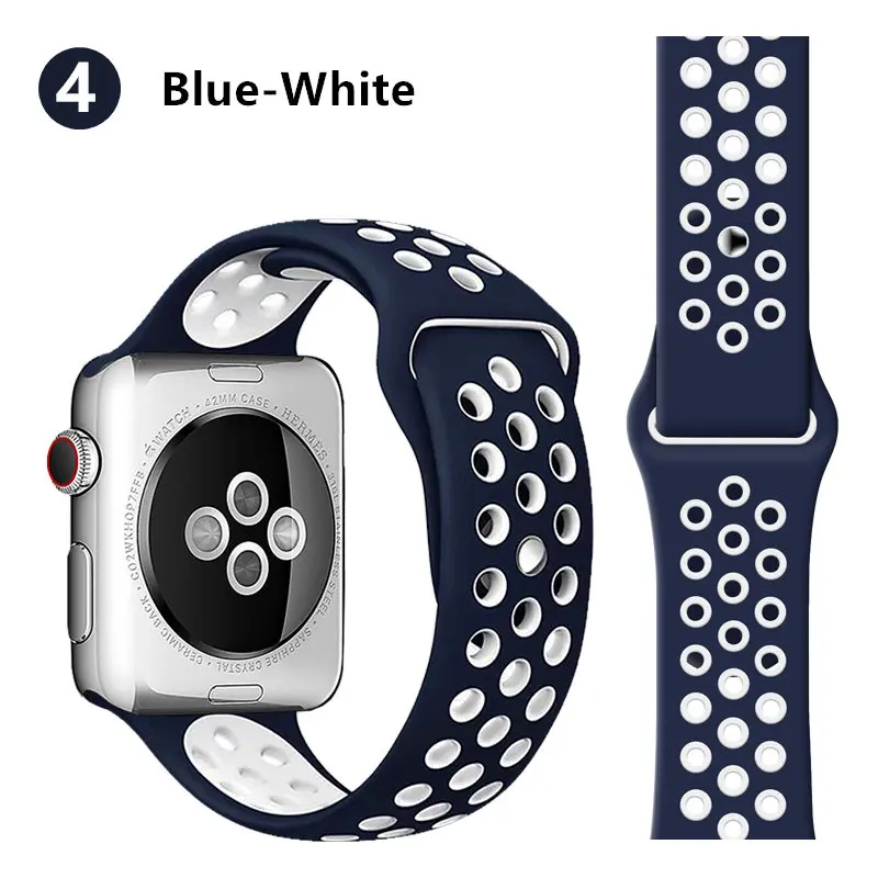 blue white 4 Ремешок для apple watch band 44 мм 40 мм apple watch 5 4 3 2 iwatch band 42 мм 38 мм спортивный силиконовый браслет correa аксессуары для часов - Цвет ремешка: blue white 4