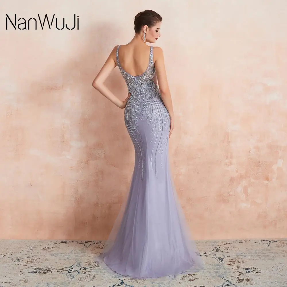 

Evening Dress Long 2019 Mermaid Sparkly Glitter Crystals Lavender Dubai Saudi Arabic Formal Prom Party Gown Robe De Soiree