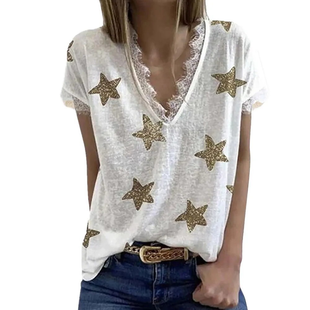 

Women Lace Patchwork Short Sleeve T-Shirts Summer V-neck Star Print Loose Tops Ladies Fashion Casual Streetwear Tee Shirt