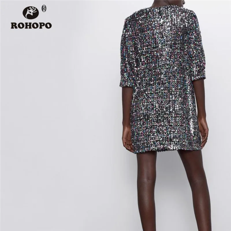 ROHOPO круглый вырез горловины с коротким рукавом блестками блестящие вечерние