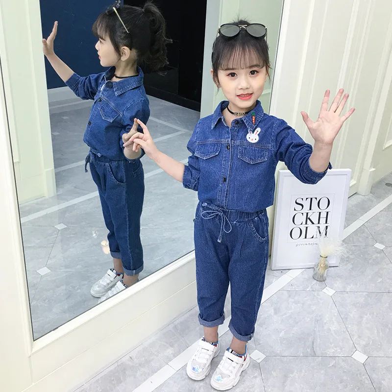 Синие рубашки для девочек 2 предмета Комплект джинсовой одежды куртки и штаны 4 6 8