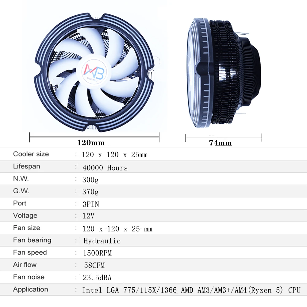 ПК Процессор охлаждающий вентилятор Ventilador 120 мм цветной RGB 3 Pin для Intel LGA 1200 1150 1151 1155