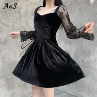 anbenser vintage gothic bandage dress women sexy patchwork black lace sleeve dresses y2kaesthetic elegant high waist party dress