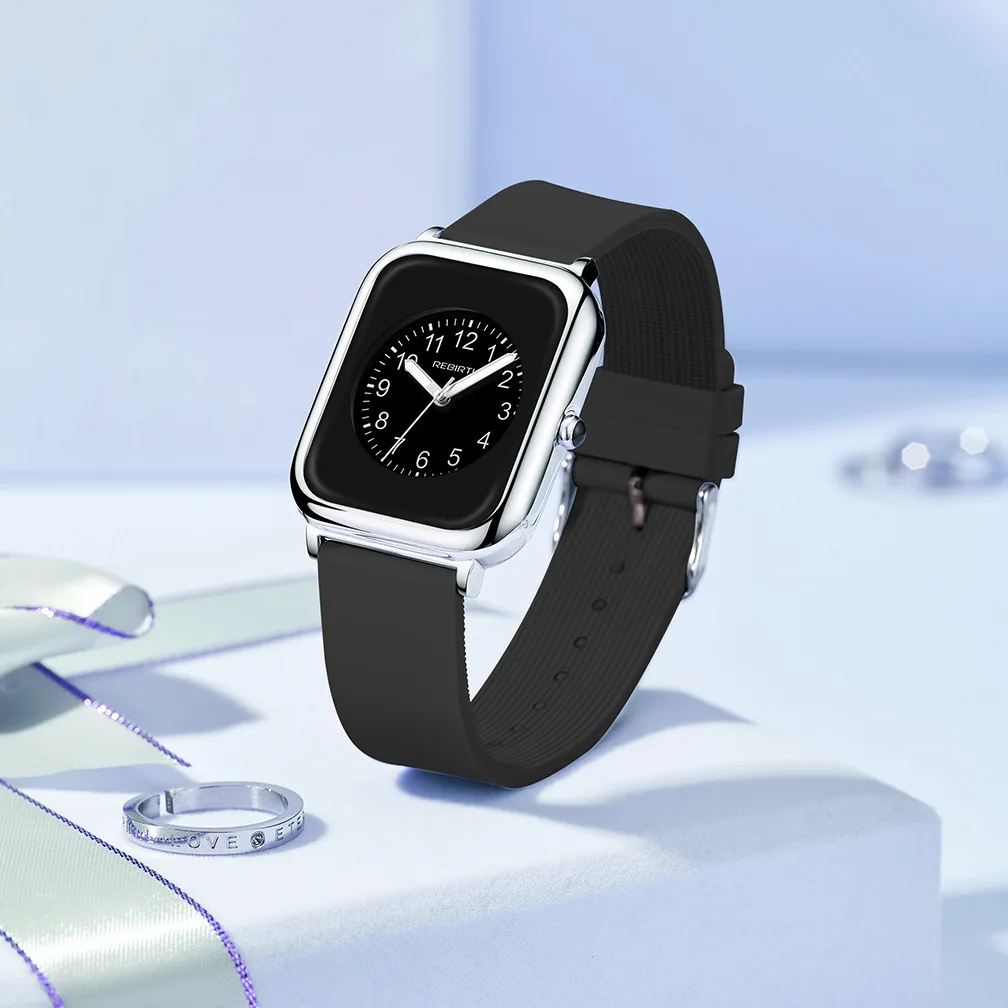 Женские наручные часы с резиновым ремешком розовые кварцевые квадратным