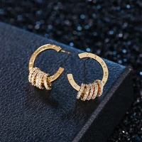 14k real gold c shaped roman numeral dangle earrings simple multi layer circle diamond stud earring light luxury wedding jewelry