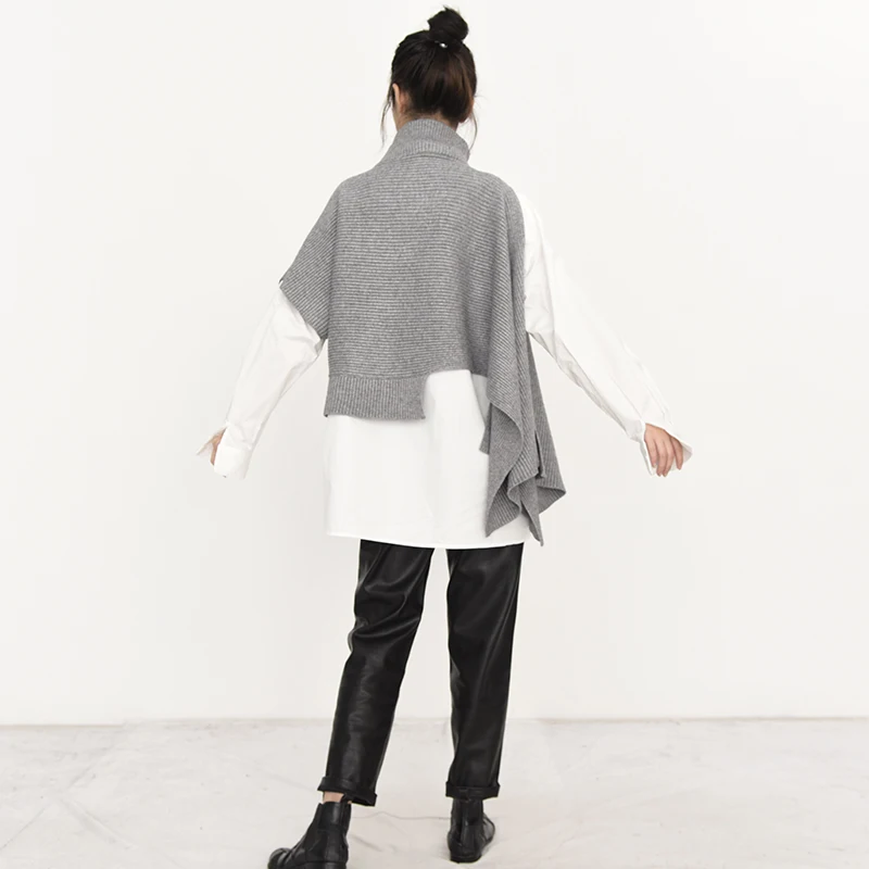 

[EAM] Irregular gray Big Size Knitting Sweater Loose Turtleneck Sleeveless Women Pullovers New Fashion Autumn Winter 2021 1Y6630