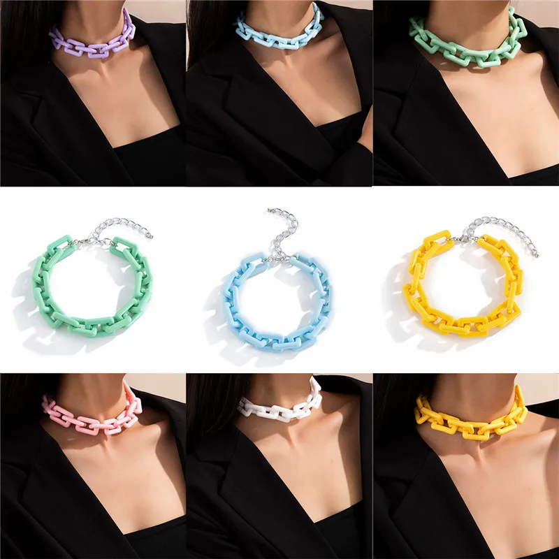 

European And American Exaggeration Hip-hop Style Button Chain Female Necklace Jewelry Simple Punk Tassel Acrylic Colour Necklace