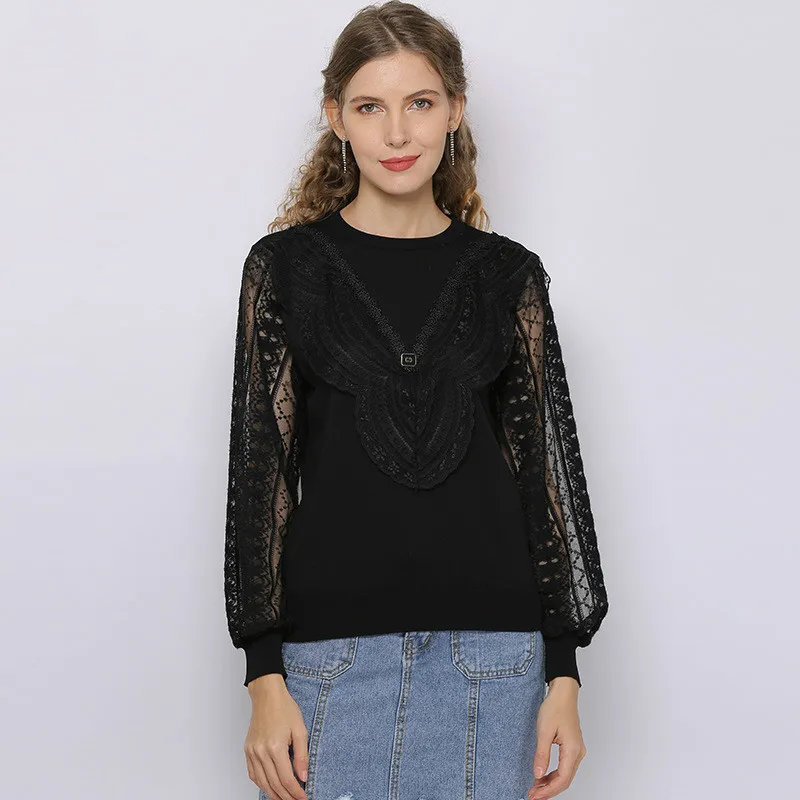 

Женский трикотажный пуловер с длинным рукавом и круглым вырезом