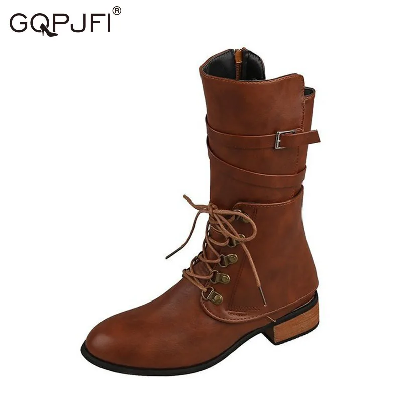 European Style Women's Autumn Shoes Cortex Ladies Mid Boots Belt Buckle Low-heeled Knight Boots Zipper Martin Motorcycle Boot