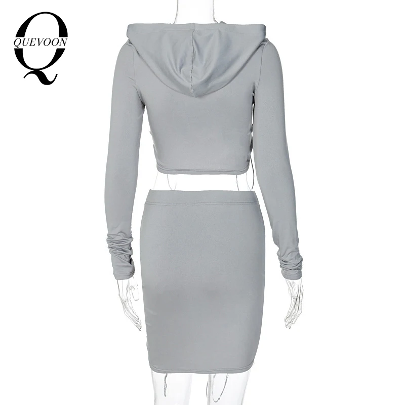 

QUEVOON Solid Casual Fashion Matching Sets Ruched Drawstring Long Sleeve Hooded Skirts 2 Pcs Set Women Autumn Winter Cloth 2020