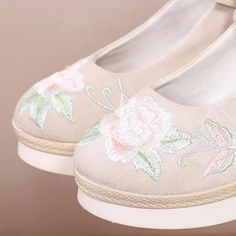 Cotton Fabric Women Wedge Pumps босоножки женские 2021 Ladies Sandals Vintage Embroidered Platform Shoes Mary Jane High Heels