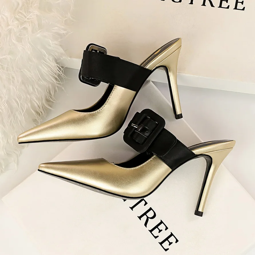 

BIGTREE Summer Women 9.5cm Extreme Fetish High Heels Party Slippers Blue Pencil Heels Mules Pointed Toe Prom Slides Female Shoes
