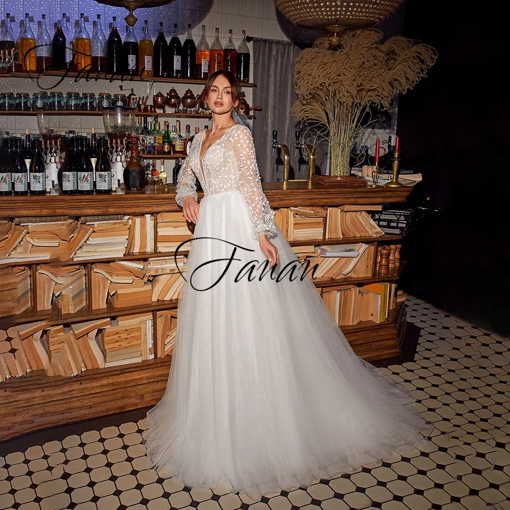 

Sexy Deep V-Neck Long Sleeve Wedding Dress Backless A-Line See-Through Lace Appliques Bridal Gown robe de soirée de mariage