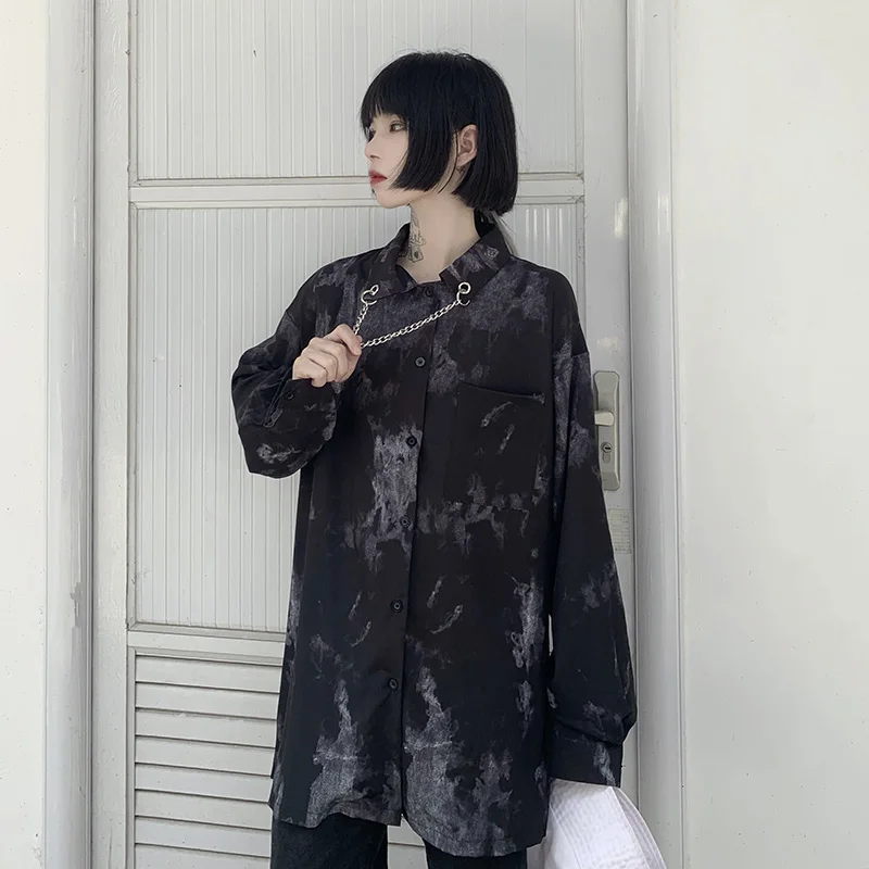 

Harajuku Style Dark Women's Shirt Personalized Chain Print Women Shirt Hip Hop Streetwear Clothes Loose Oversize Summer Tops