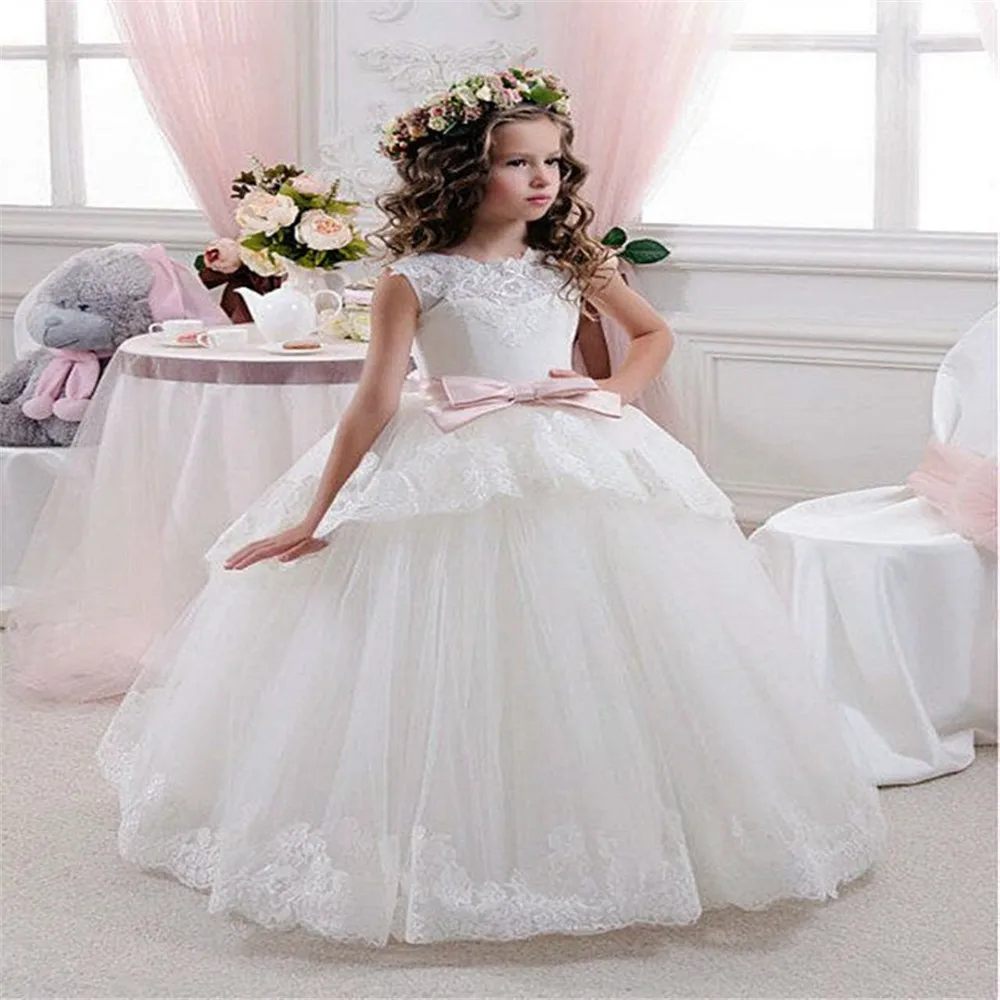 

Lovely White Lace Formal Party Dresses For Wedding Guest High Jewel Corsst Back Flower Girl Dress With Sleeves