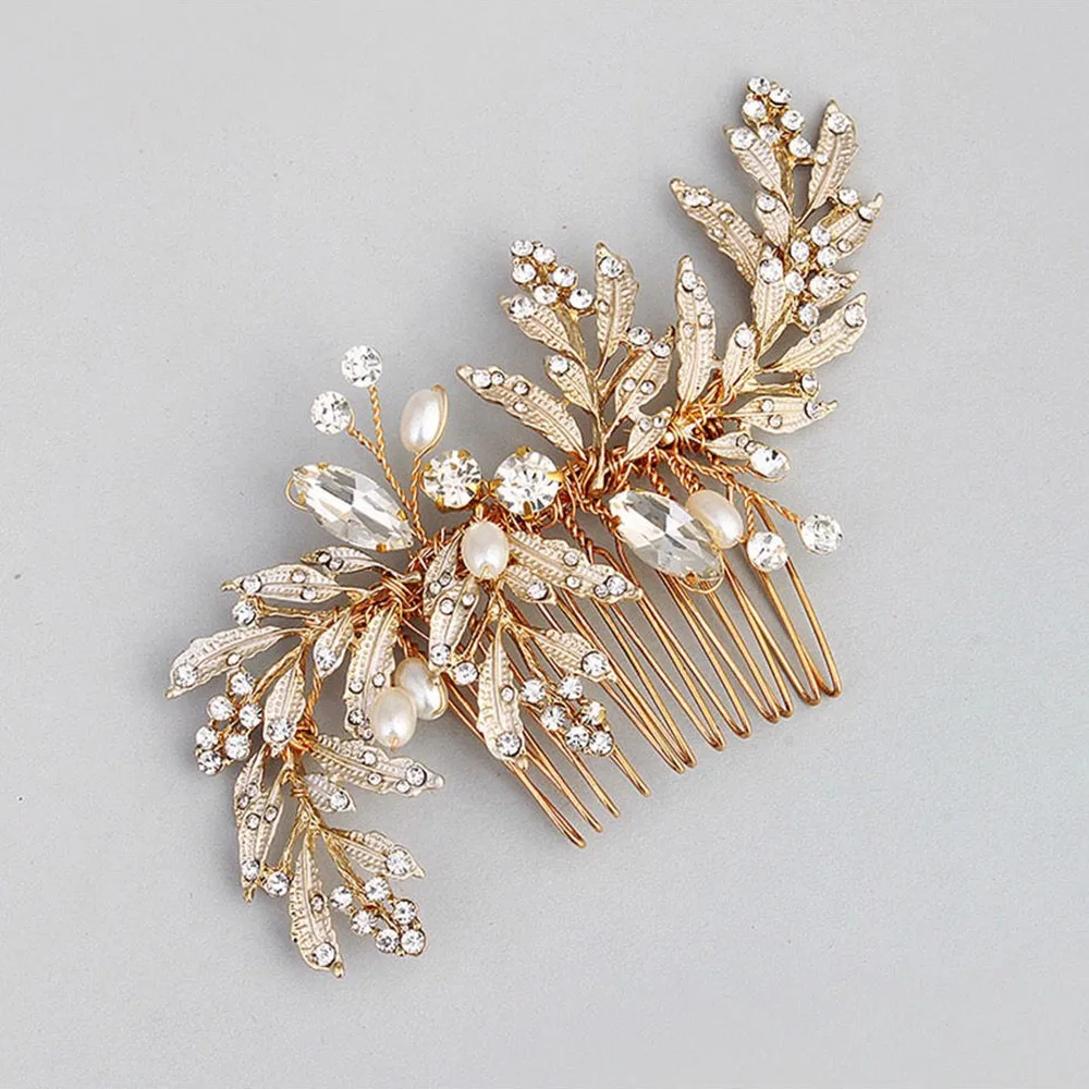 Женская расческа для волос с золотыми листьями стразы кристаллами свадебные