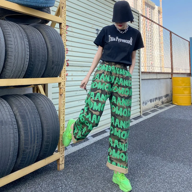 

QING MO Green Women Camouflage Pants 2021 Women Straight Wide Leg Pants Female Plus Size Slim Pants ZQY7022