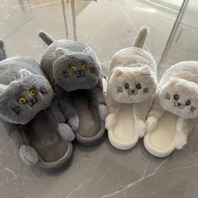 

Cute Cat Slippers for Women Soft Furry Kids Children Winter Indoor Shoes Girls Grey Cat Cotton Home Shoes Couple Floor Slippers
