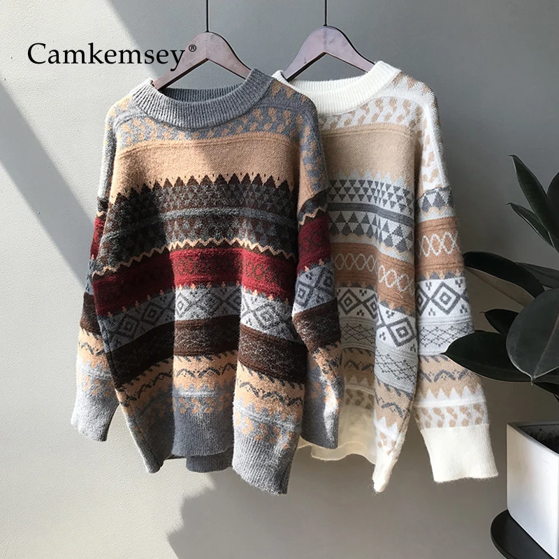 CamKemsey японский Harajuku винтажные Жаккардовые Женские свитера и пуловеры Осень Зима базовые свободные трикотажные свитера с круглым вырезом