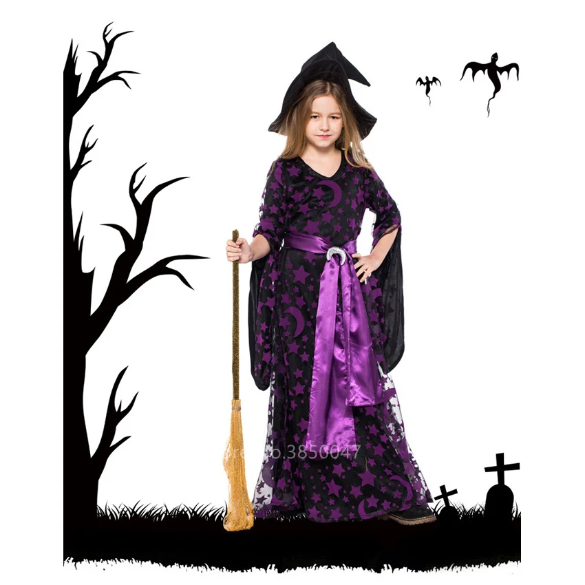 

Карнавальная Вечеринка зло ведьма Хэллоуин Аниме Косплей Костюм женское платье для девочек маскарадный принт Луна магический волшебник платье шляпа наряды