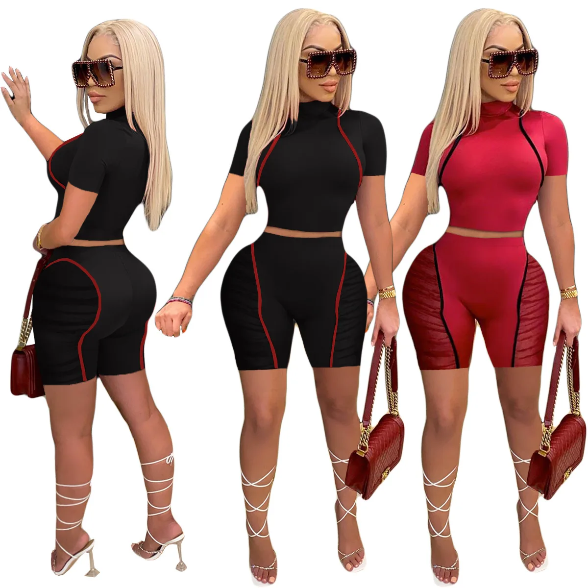 

Sheer Mesh Striped Spliced 2 Piece Sweatsuit Women's Costume Turtleneck Short Sleeve Crop Top & Bodycon Biker Short Matching Set