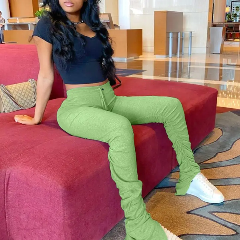 

Women High Waist Drawstring Stacked Leggings Solid Color Bell Bottom Flare Pants Ruched Split Hem Workout Sports Sweatpants