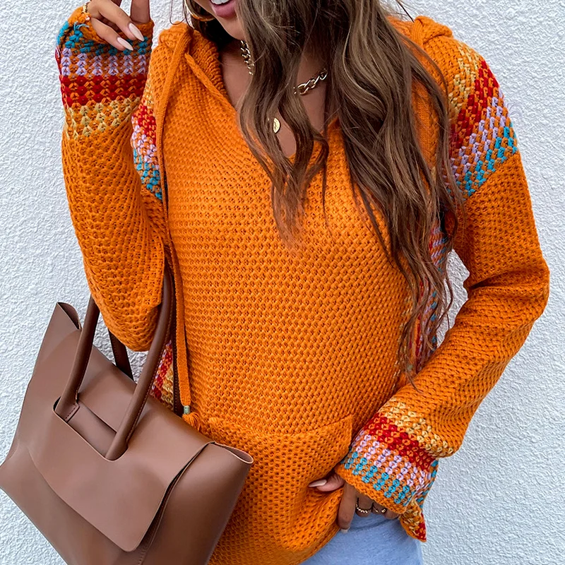 

Autumn Folk Fashion Hooded V-neck Long-sleeved Striped Knitted Sweater Casual Pullover 2021 New Womens Pullover Hoodie Knitwear