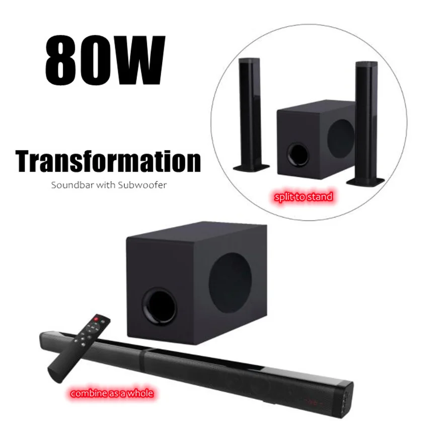 

Transformation Standing Speaker Home Theater Sound System Soundbar With Subwoofer 80W Bluetooth Optical Aux Music Center Column
