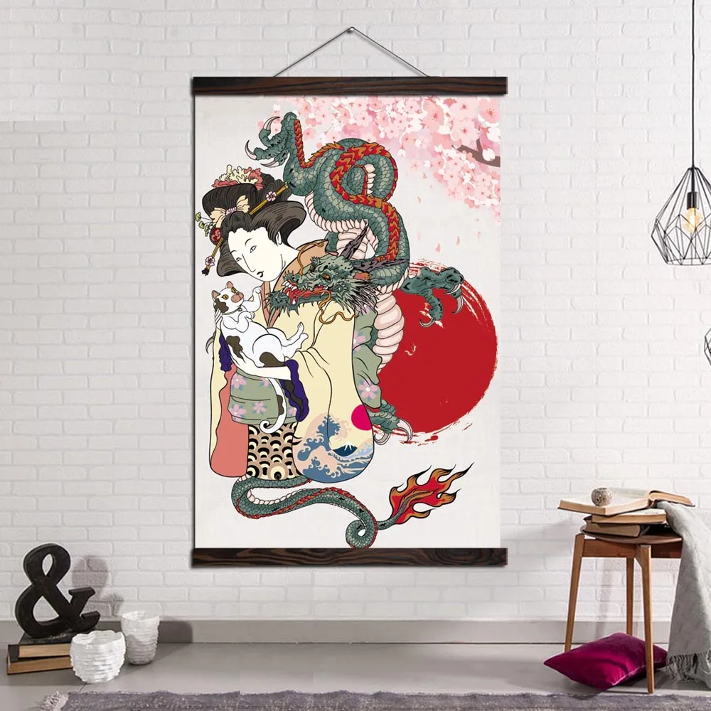 

Wall Art Print and Poster Canvas Painting Modern Picture for Living Room Decoration Japan Kimono Woman and Dragon