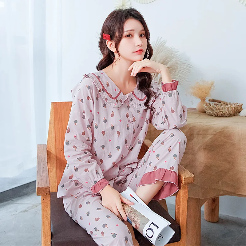 Cute Pajamas Women's Spring and Autumn Small Floral Princess Style Home Wear Japanese Sweet Woven Cotton Suit Summer