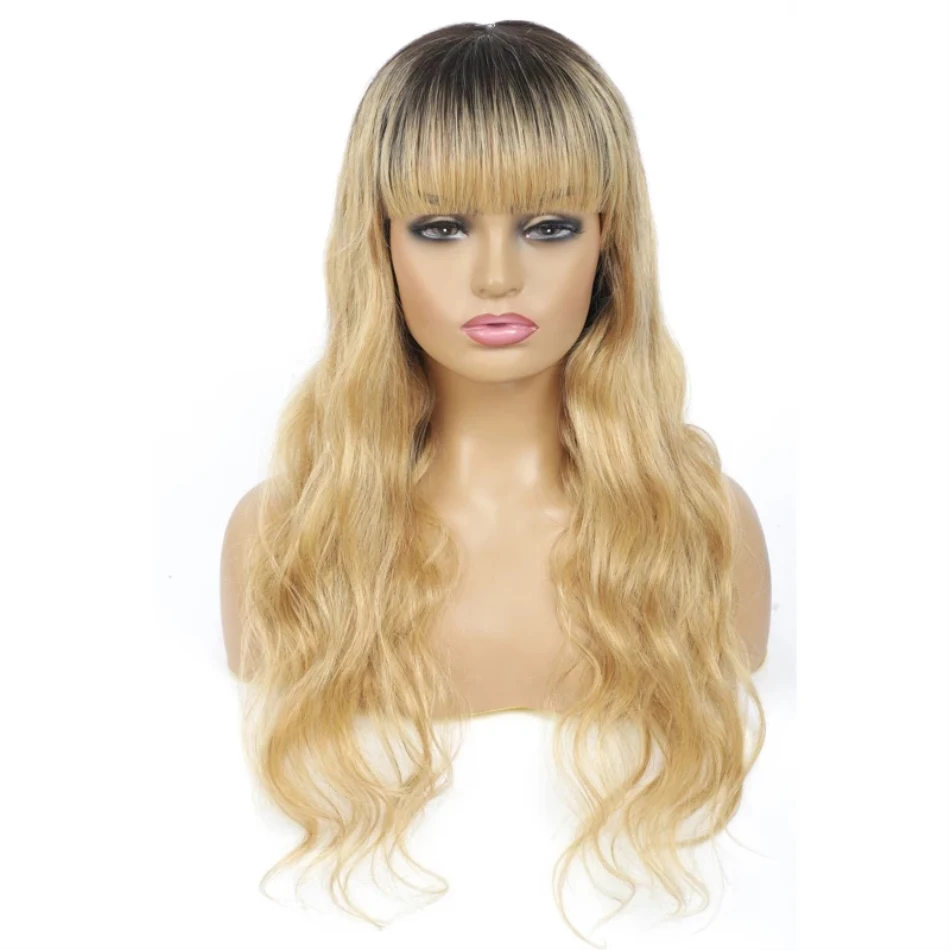 

Golden Blonde Ombre Human Hair Wig with Bangs Body Wave Peruvian Remy Human Hair Glueless Full Machine Wig Wavy Two Tone T1B/#27