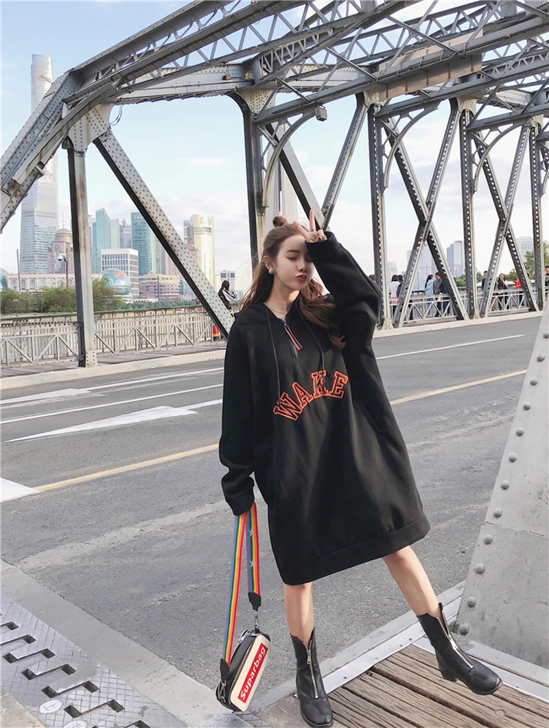 L-3XL New Fall Winter Women Letter Print Loose hoodies Dress Girl streetwear Trend Fashion Long Style Pullovers Sweatshirts