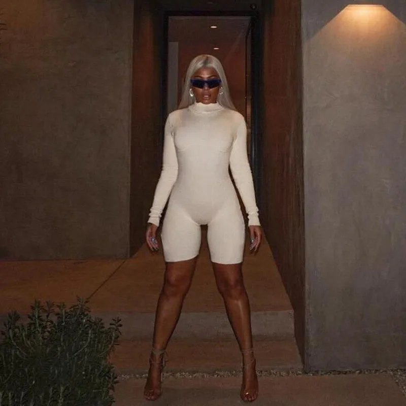 Женский комбинезон BOOFEENAA Белый Трикотажный Облегающий с длинным рукавом