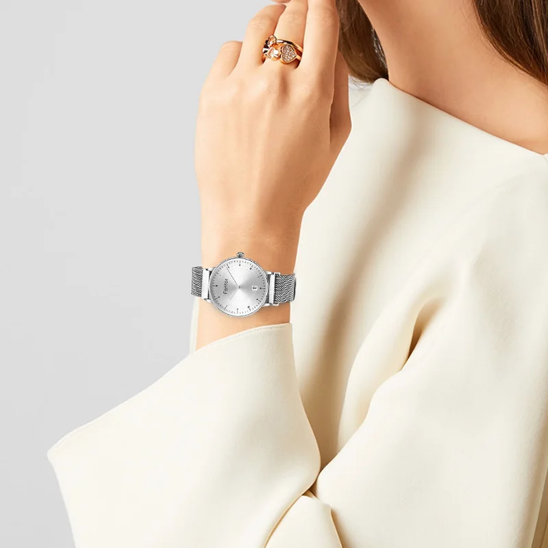 Женские наручные часы Fantor серебристые водонепроницаемые с магнитной сеткой 2019 |