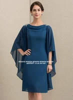 Teal Mother Of The Bride Dresses with Capelet Bat Sleeves Chiffon Short Wedding Guest Gown Hunter Green Peacock Groom Mother