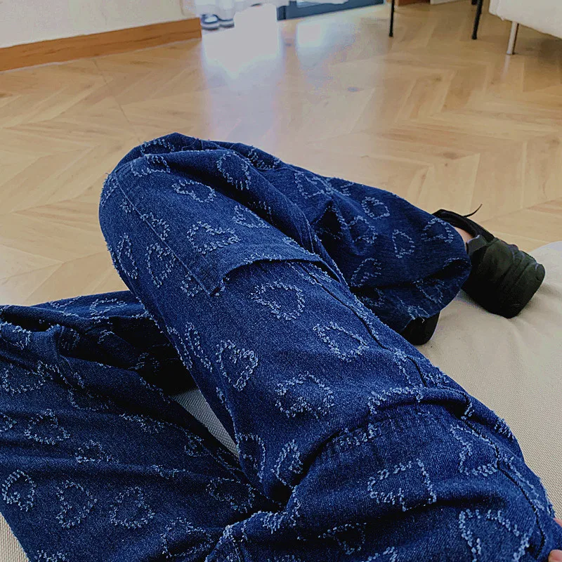 

Vintage Washed Jeans Women Streetwear Jeans Harajuku Love Embroidery Jeans Loose High Waist Big Pocket Jeans Fashion Cargo Pants