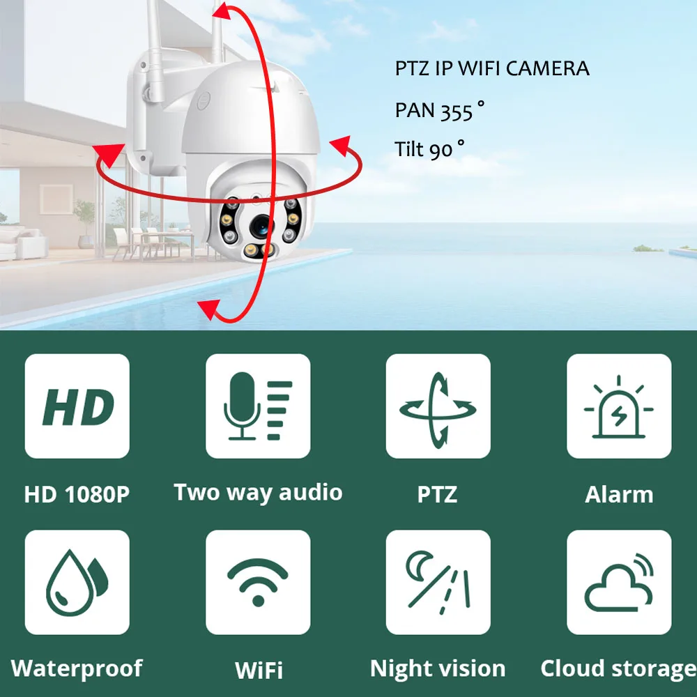 Открытый IP wifi камера беспроводной PTZ купол 2MP Водонепроницаемый Автоматическое