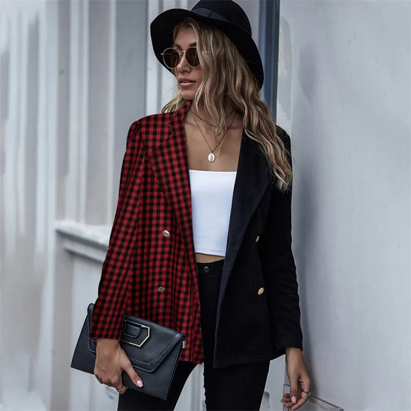 

Women Patchwork Plaid Coat Fall Outerwear Casual Long Sleeve Slim Lapel Buttons Cardigans Blazer Jackets