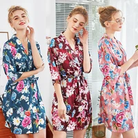 womens silk pajamas flowers leaves printed satin pajamas spring and summer mid sleeve plus size pajamas bathrobe homewear