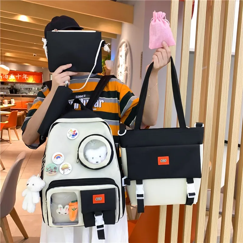 

5/pcs School Bag For Girls Trend Badge Canvas Large Capacity Backpack With Many Pockets Fashion Women's Backpack Cute Pendant