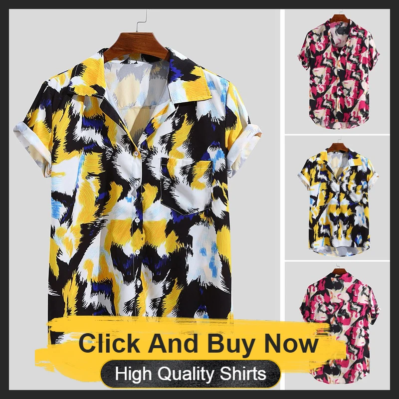 Мужская рубашка с коротким рукавом гавайская Свободная ярким принтом и
