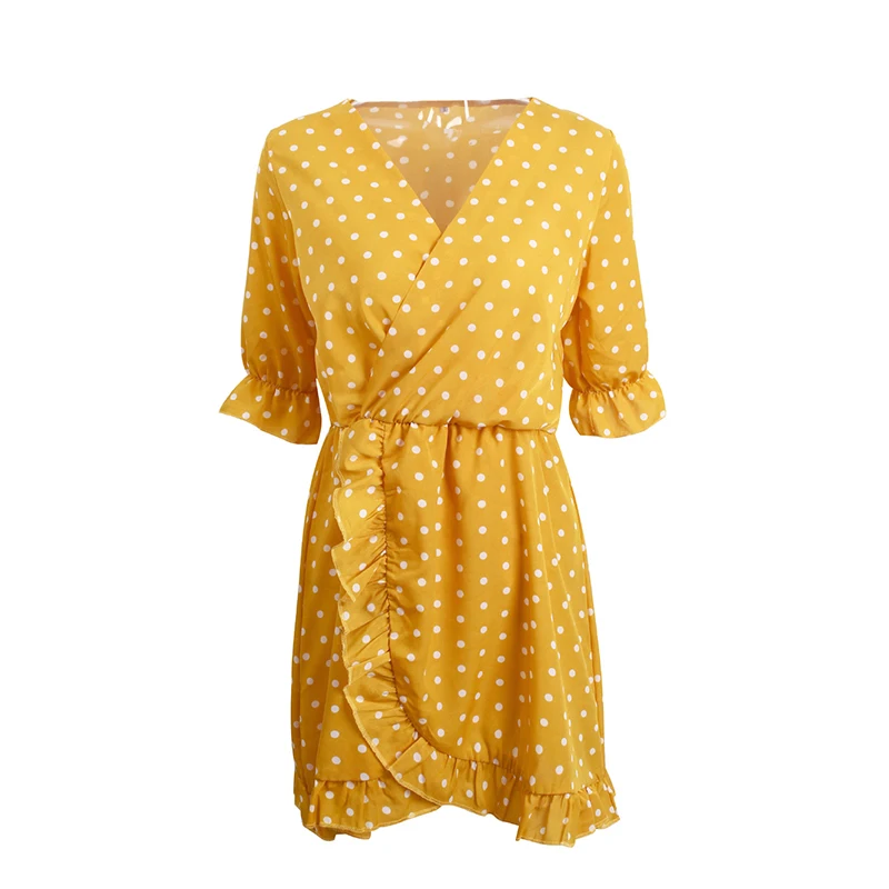2019 HOT Short Women Dress Ruffle Print Polka Dot Sexy Beach Wrap Vintage Half Sleeve Summer Party Mini Dresses Vestidos | Женская
