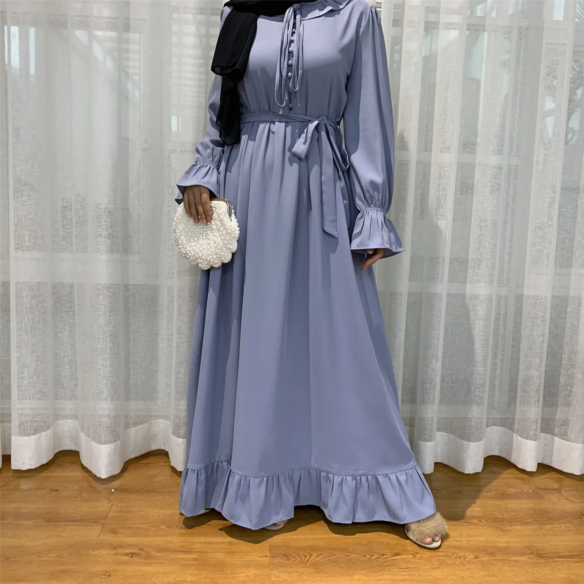 

New Fashion Women's Solid Color Stitching Big Put On Muslim Dress