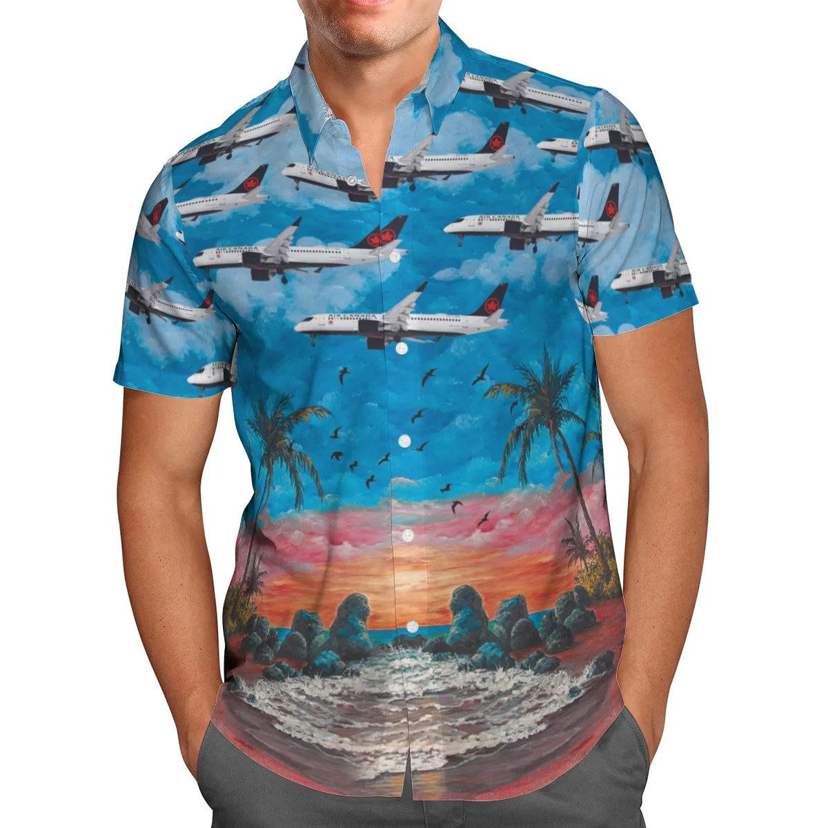 

Plane Print Short Sleeve Shirts For Men Loose Cardigan Button Shirts Plus Size Hawaiian Style Summer 2021 Ventilated Shirt W-44