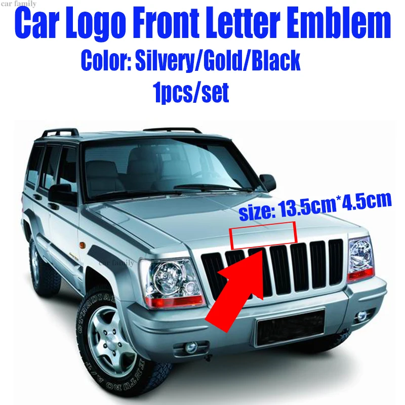 

1pcs 13.5cm x 4.5cm Car Logo Front Hood Head Emblem Bonnet Badge Covers Letter Sivlery/gold/black for Cherokee Liberty Rubicon